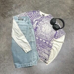 Methods NYC Vintage Y2K All Over Print Angel T-Shirt Mens Large Purple White